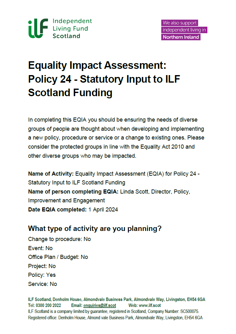 The front cover of the eqia for policy 24 - statutory input to ILF Scotland Funding