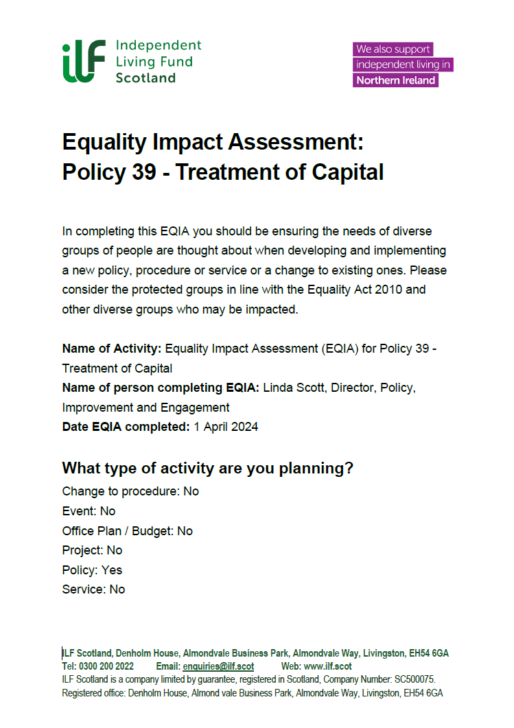 Front page of the Equality Impact Assessment for Policy 39 - Treatment of Capital