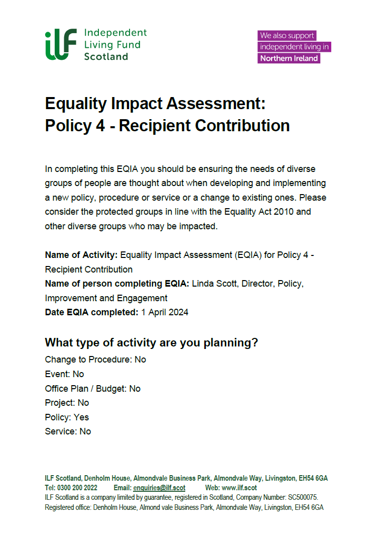 Front page of the Equality Impact Assessment for Policy 4 - Recipient Contribution
