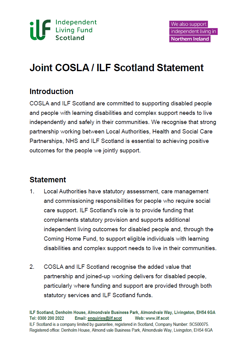 First page of the Joint COSLA ILF Scotland Statement - v01.0 - 20260825