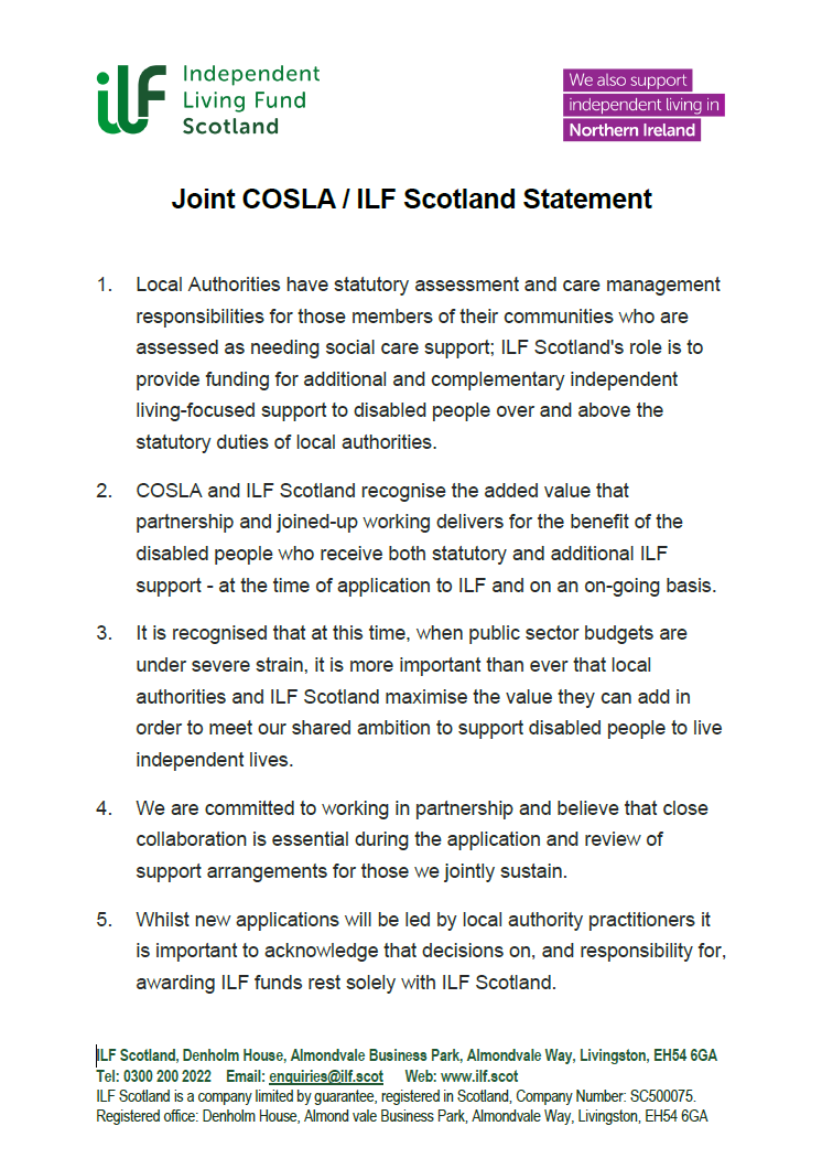 First page of the Joint COSLA / ILF Scotland Statement in relation to the re-opening.