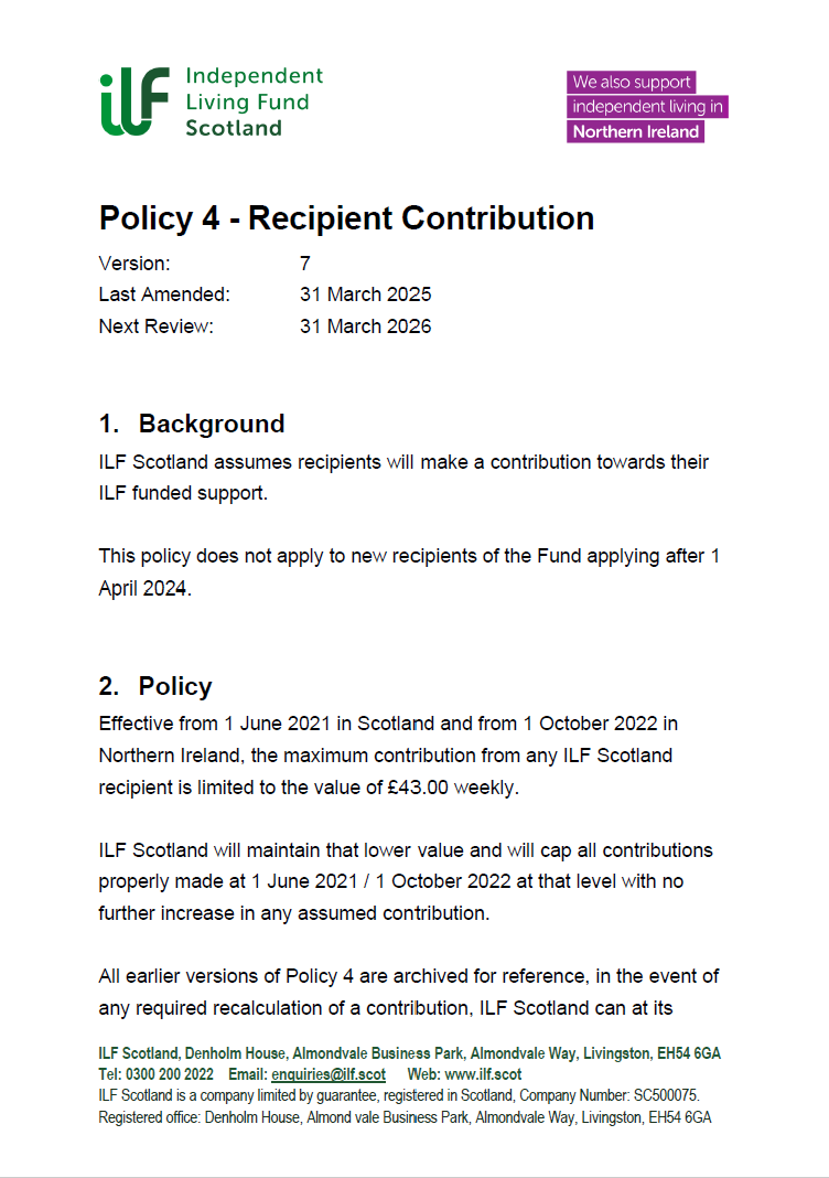 The front page of the Policy 4 - Recipient Contribution.