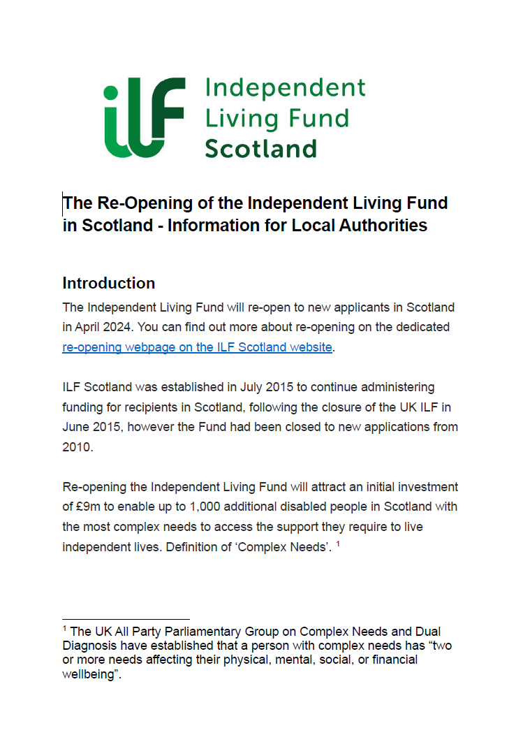 First page of the Information for Local Authorities Guidance for the Re-opening of ILF Scotland.