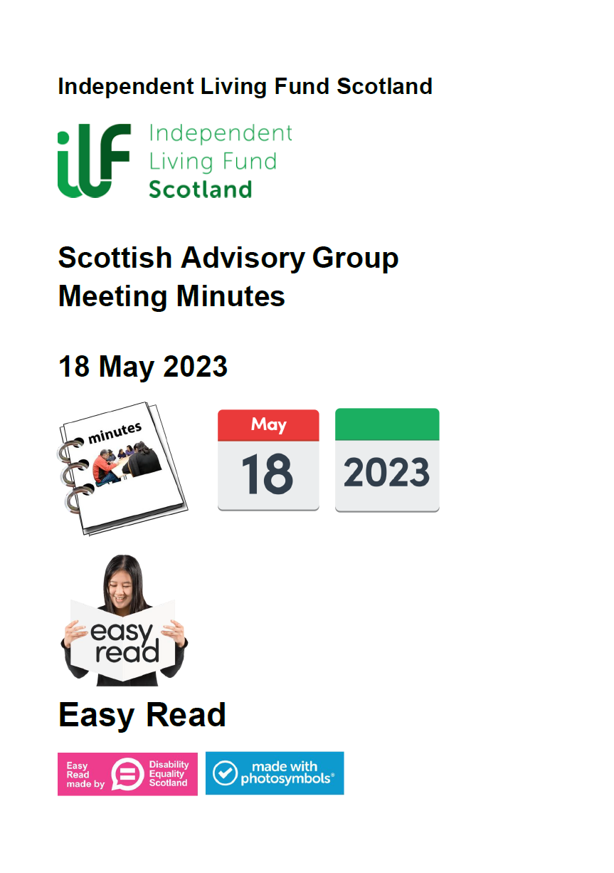 Front cover of the Scottish Advisory Group Meeting Minutes for May 2023 in Easy Read