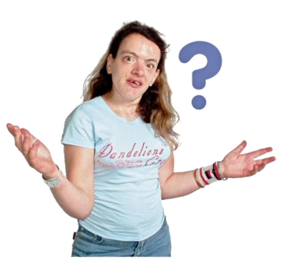 A girl in a blue t-shirt with the word dandelion written on it. She has her arms out in a questioning gesture. There's a blue question mark at her top right.
