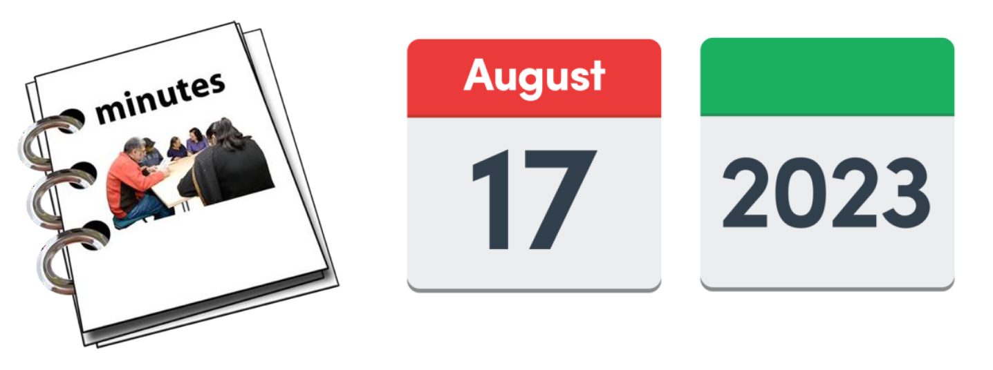 A spiral notebook with a picture of people and the word 'minutes' written on it. Followed by a calendar icon for August 17 and a calendar icon for 2023.