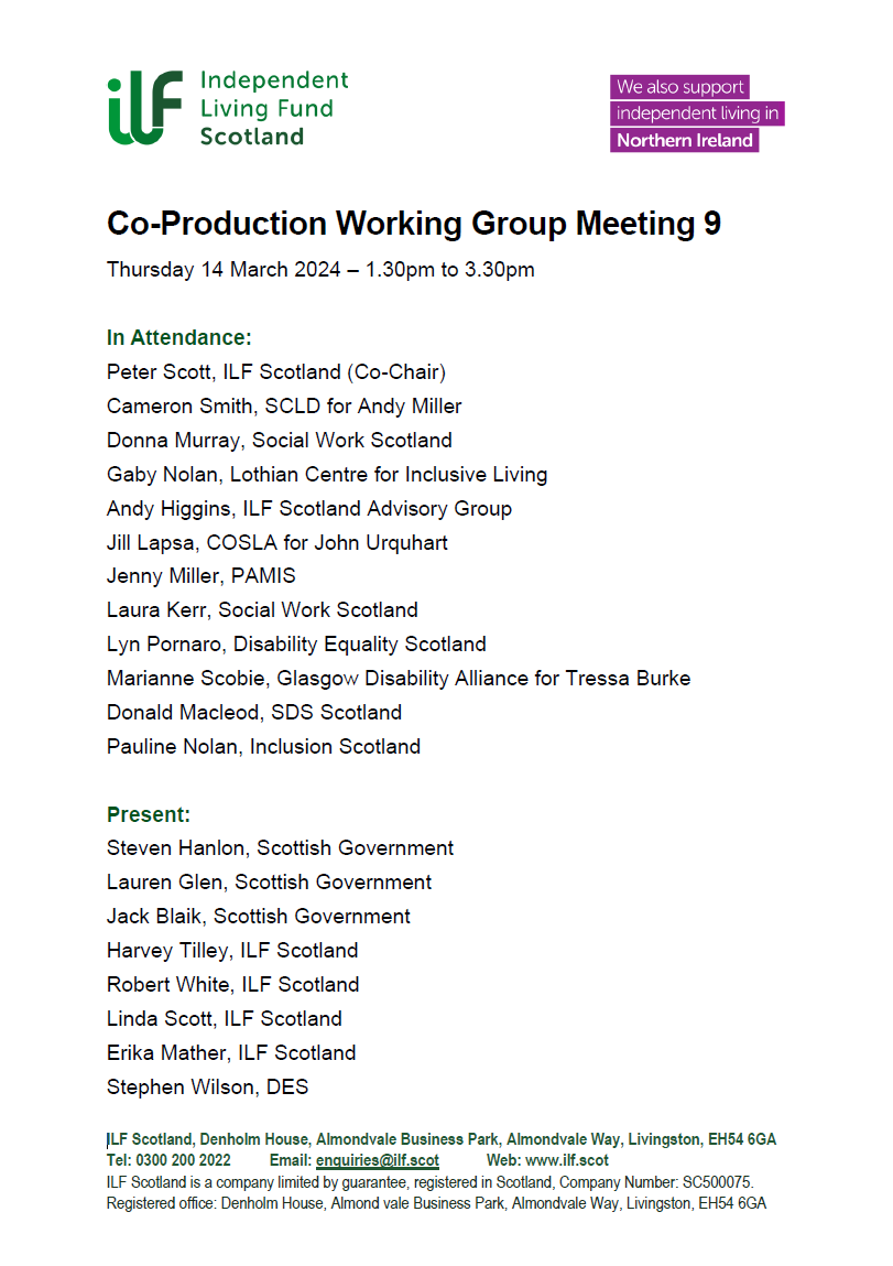 Front Page of the Co-Production Working Group Meeting 9 Minutes.