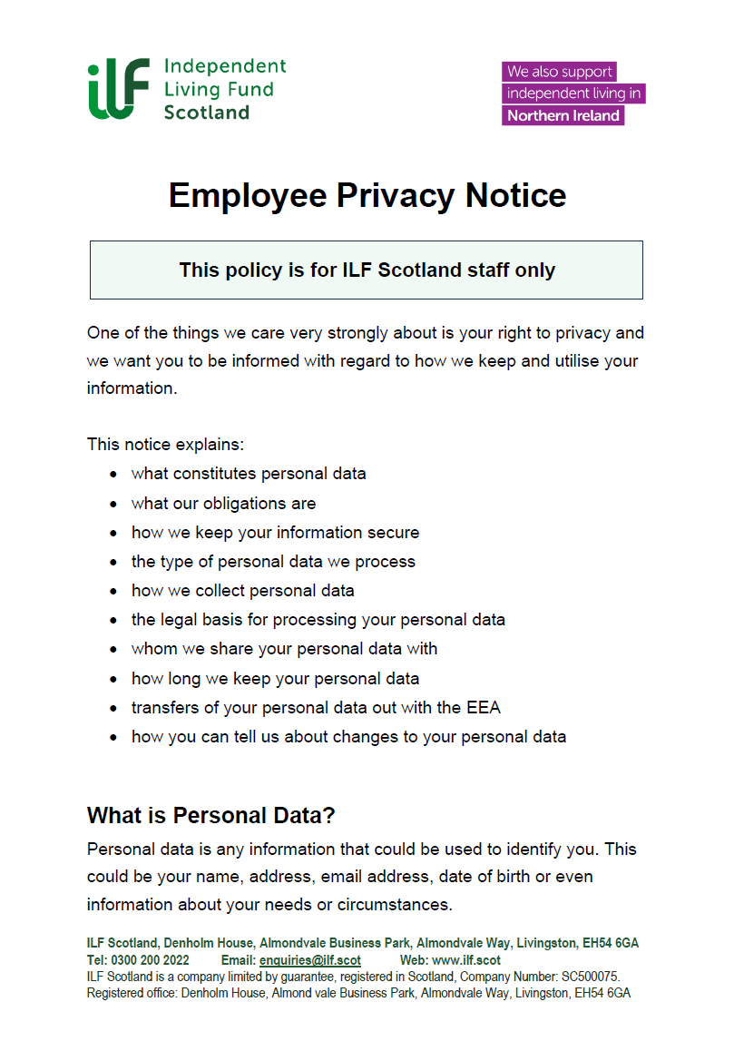 Front Cover of the Employee Policy for ILF Scotland Staff Only.