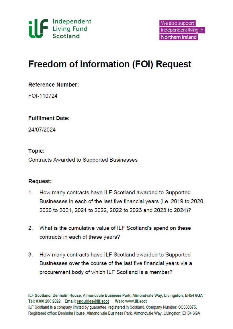 Front Cover of the FOI request for FOI-110724 about Contracts Awarded to Supported Businesses.
