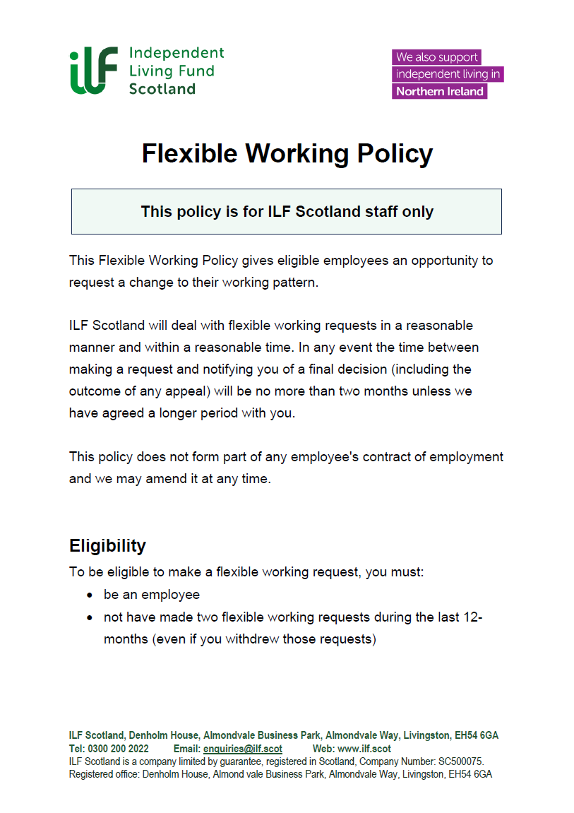 Front Cover of the Flexible Working Policy for ILF Scotland Staff Only.