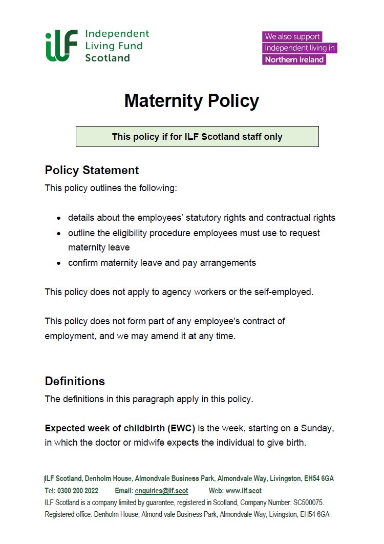 Front page of ILF Scotland Staff Maternity Policy
