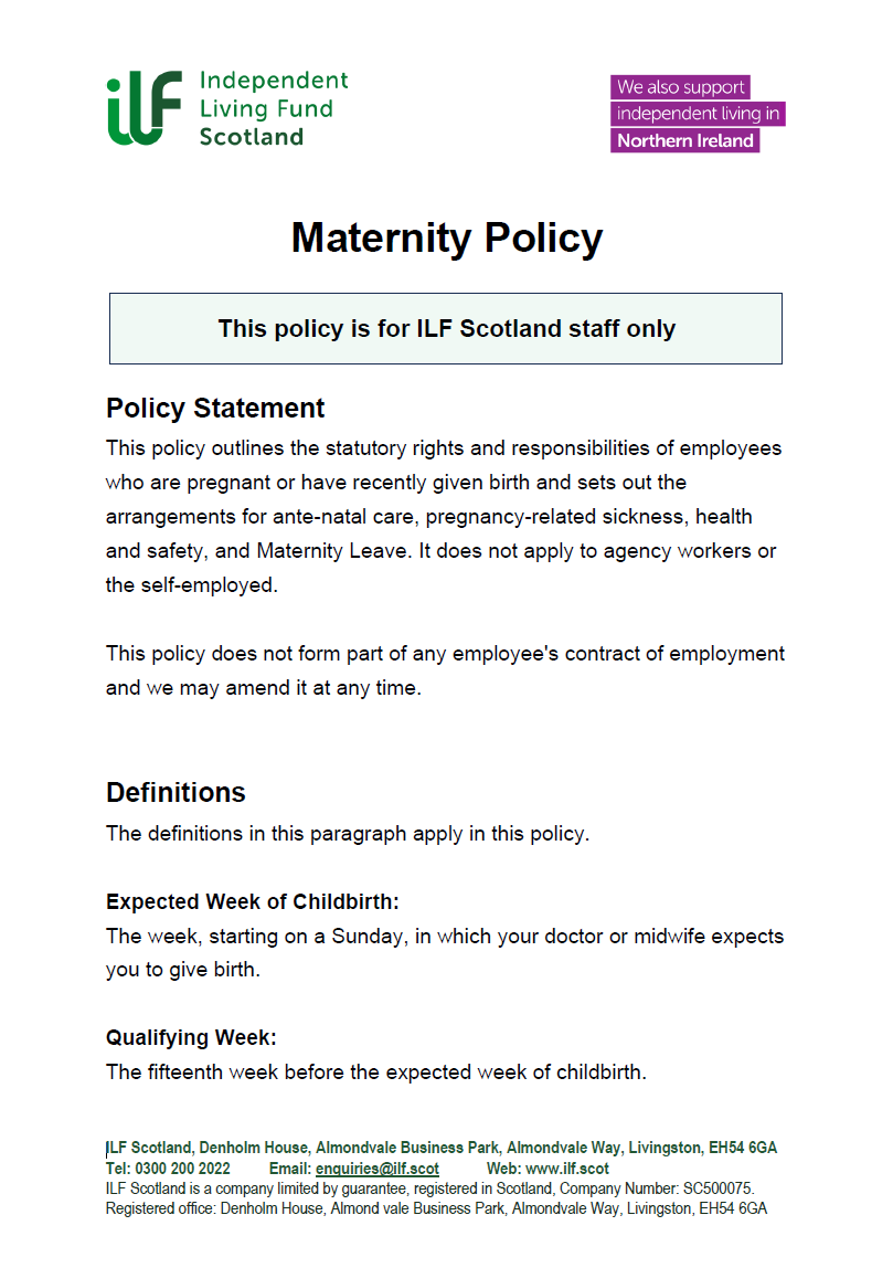 Front Cover of the Maternity Policy for ILF Scotland Staff Only.