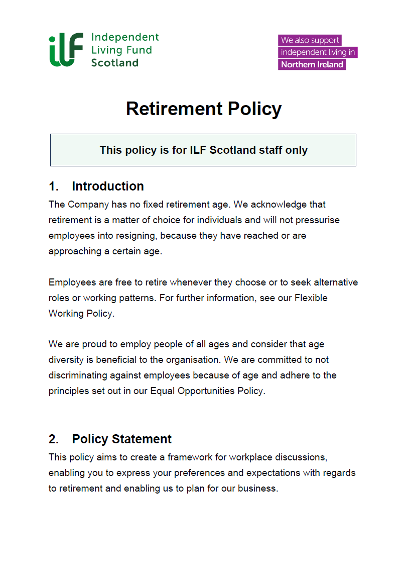 Front Cover of the Retirement Policy for ILF Scotland Staff Only.