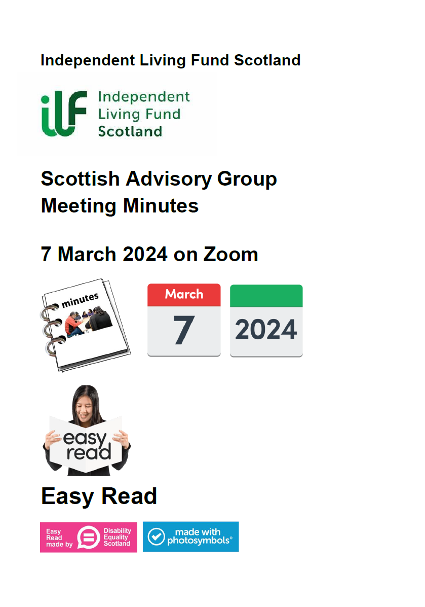 Front Page of the Scottish Advisory Group Meeting Minutes for 7 March 2024 in Easy Read Format