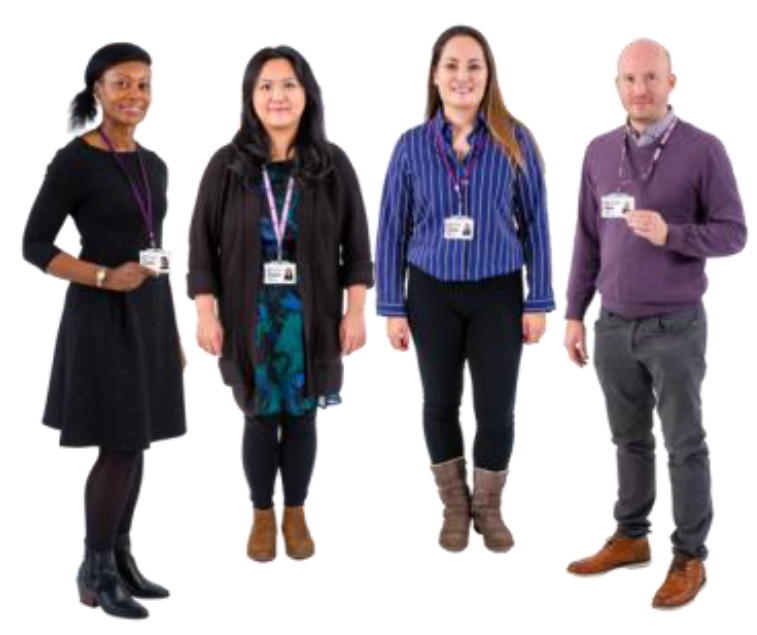 Four people wearing lanyards. These people are professional staff members.