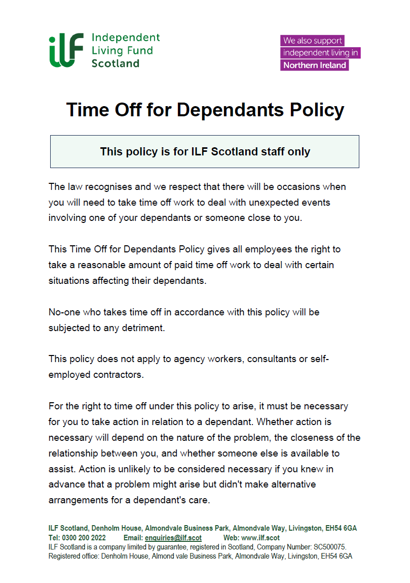 Front Cover of the Time Off For Dependents Policy for ILF Scotland Staff Only.