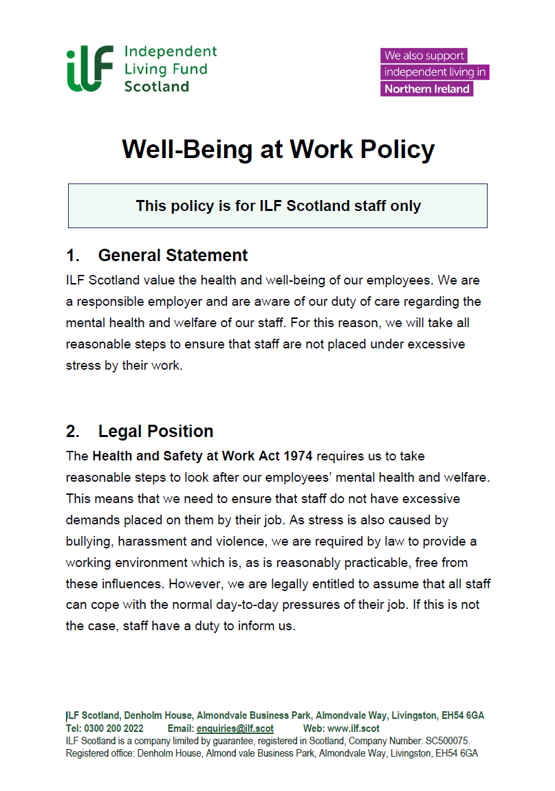 Front Cover of the Well-Being at Work Policy for ILF Scotland Staff Only.