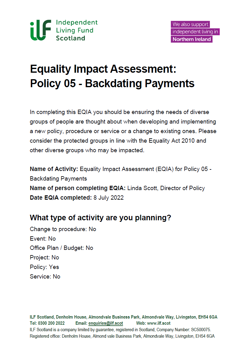 Front cover of the EQIA for Policy 5 - Backdating Payments