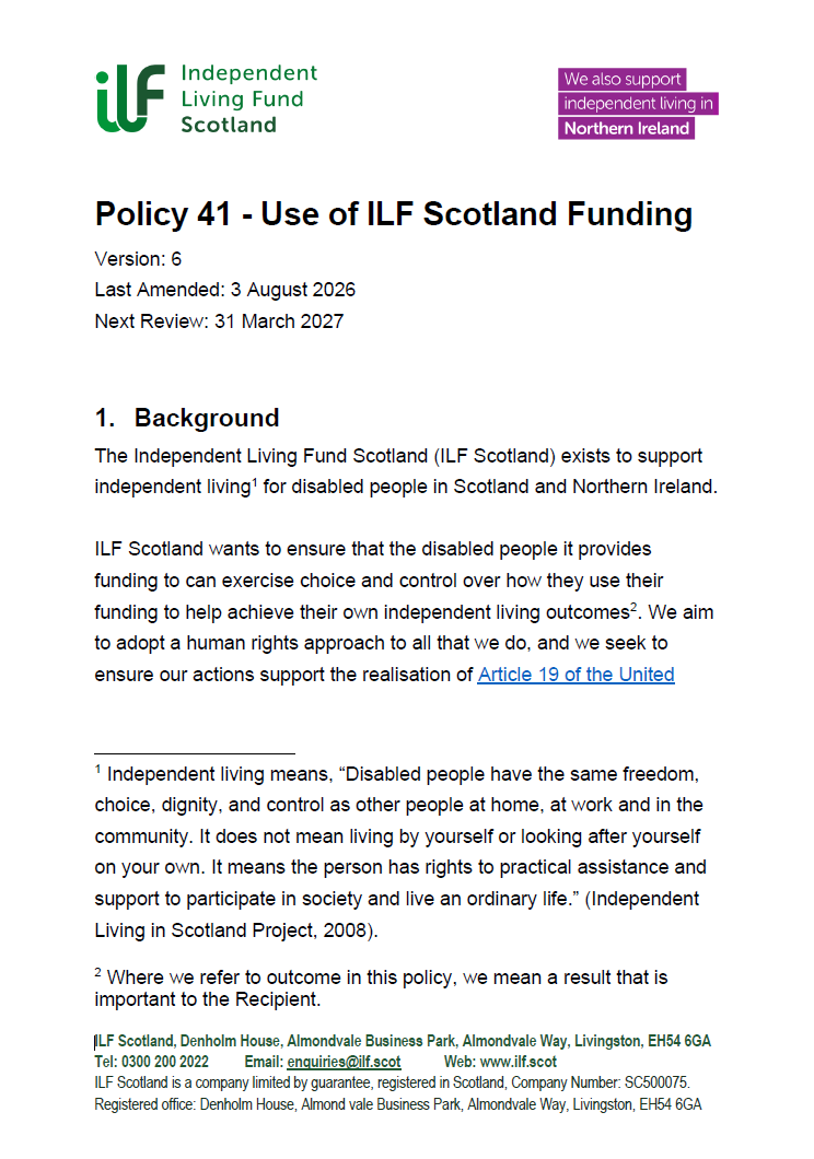 Front Page of Policy 41 - Use of ILF Scotland Funding - v06.0