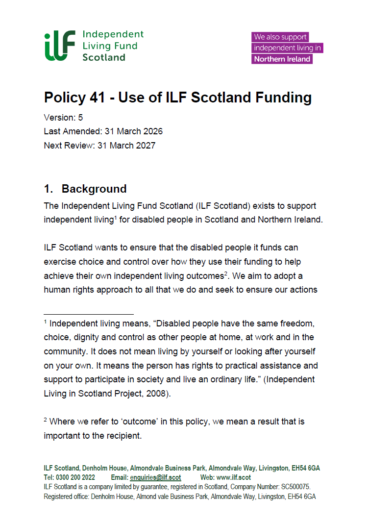 Front Page of Policy 41 - Use of ILF Scotland Funding