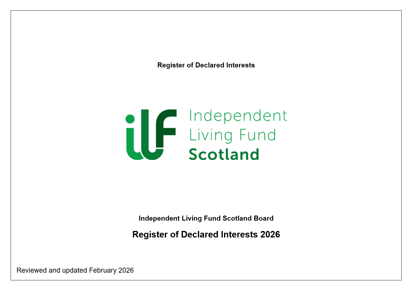 Front page of the Register of Declared Interests for the Board 2026