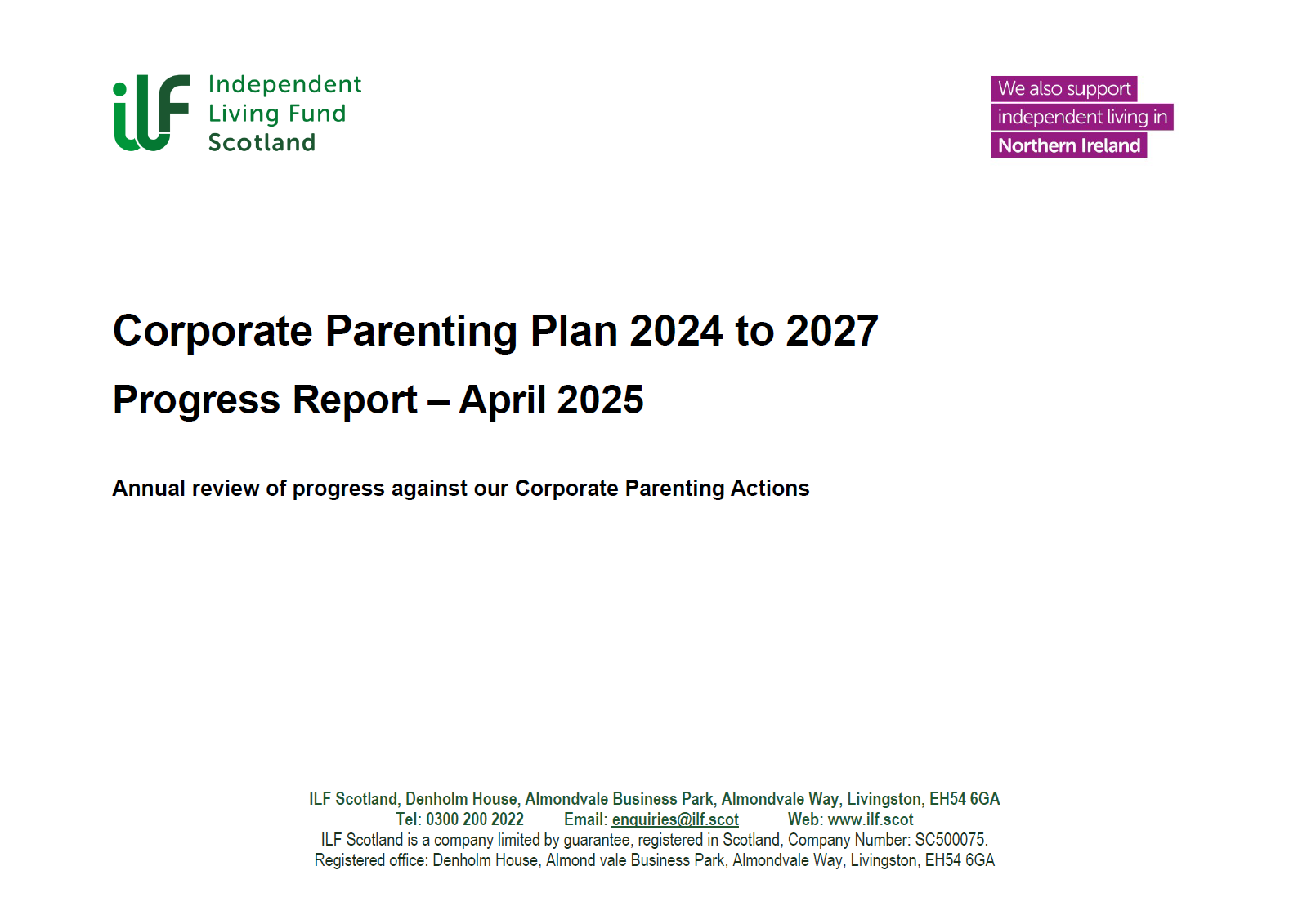 Front cover of the Corporate Parenting Plan 2024 to 2027 Progress Report for April 2025