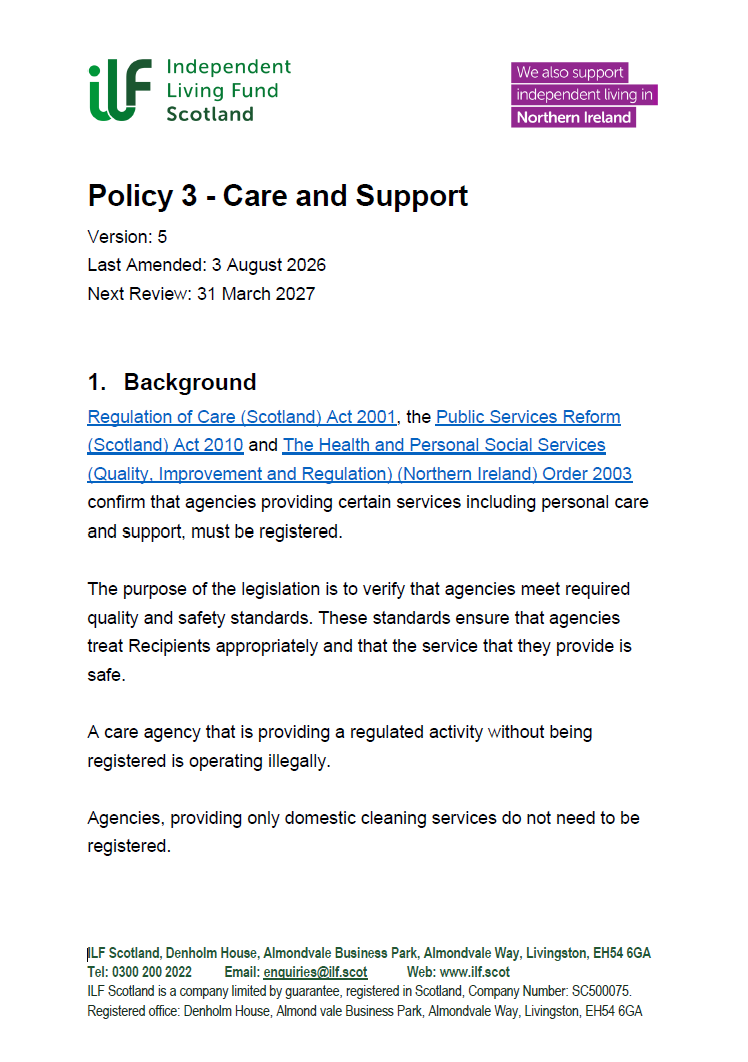 Front page of Policy 3 - Care and Support - v05.0.docx