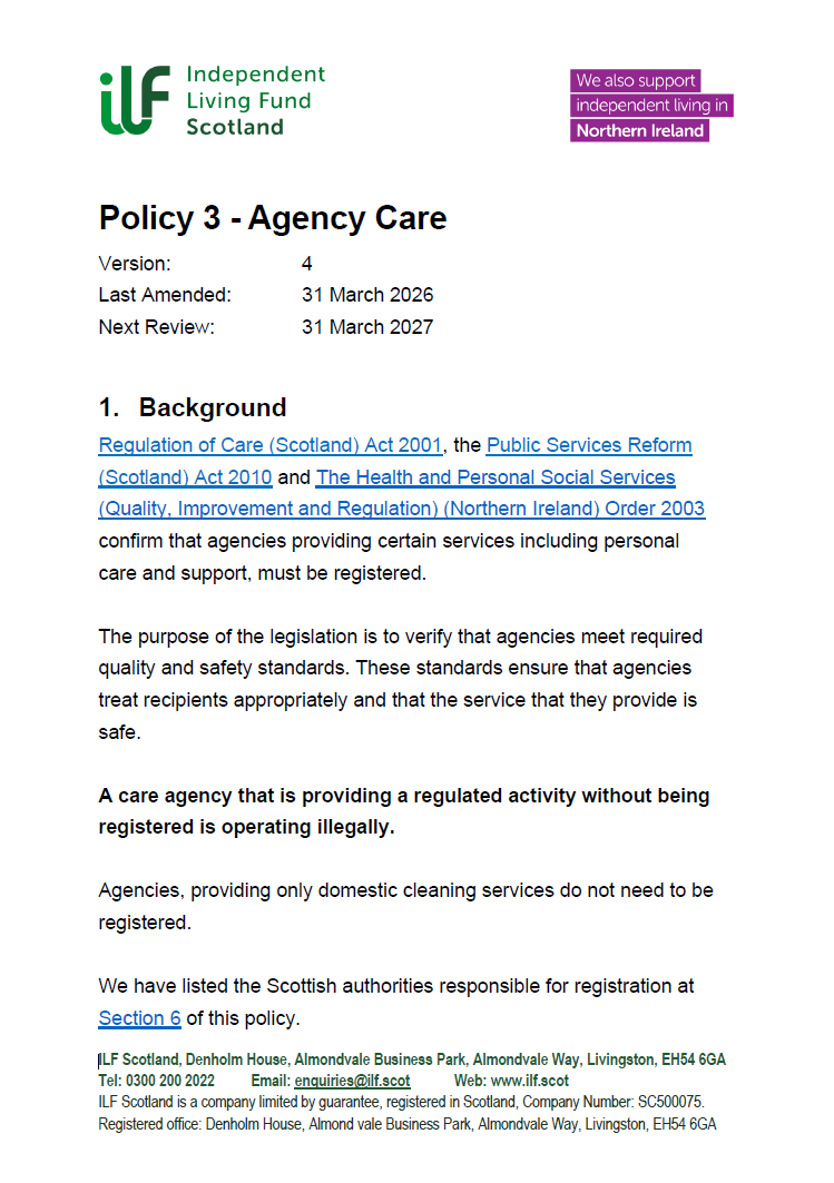 Front page of Policy 3 Agency Care