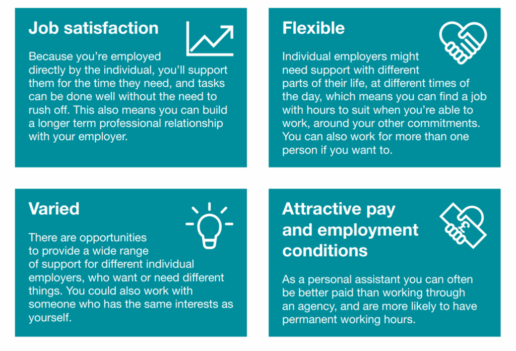 4 teal boxes. From left to right they are Job Satisfaction, Flexible, Varied and Attractive Pay and Employment Conditions.