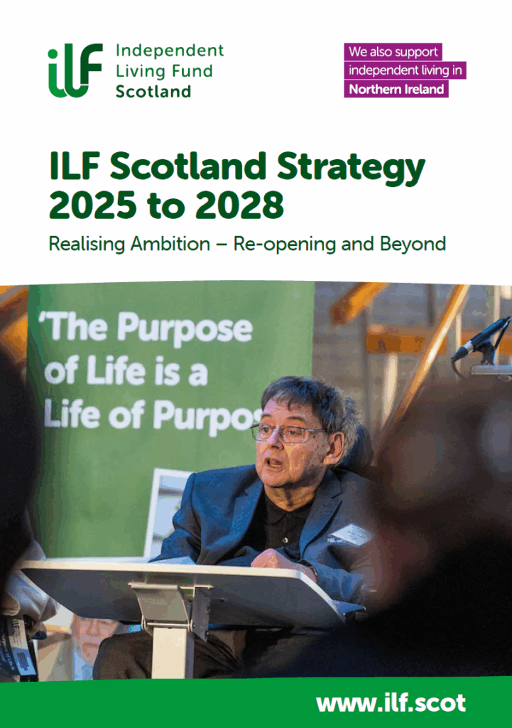 The front page of the ILF Scotland Strategy featuring a man speaking at a lecturn.