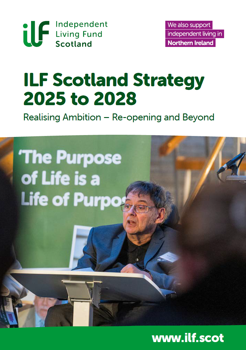 The front page of the ILF Scotland Strategy featuring a man speaking at a lecturn.