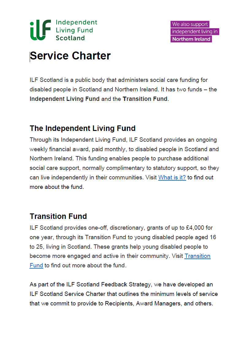 The front page of the Service Charter