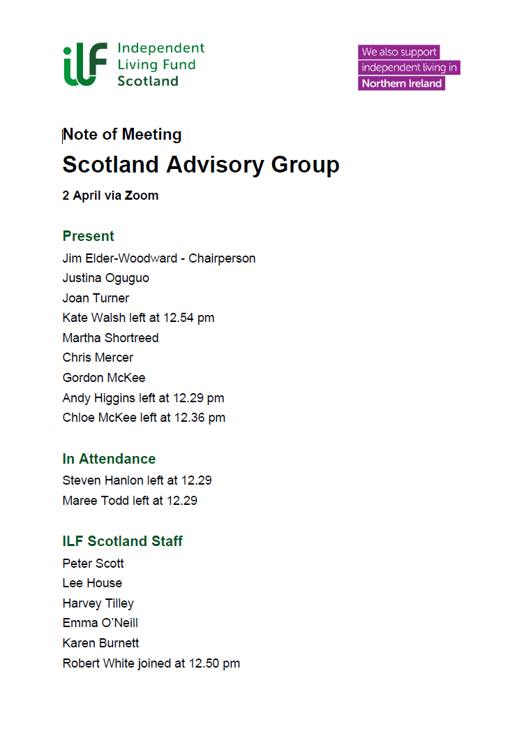 First page of the Scotland Advisory Group Meeting Minutes April 2025.