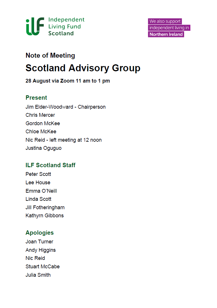 First page of the Scotland Advisory Group Meeting Minutes for August 2025