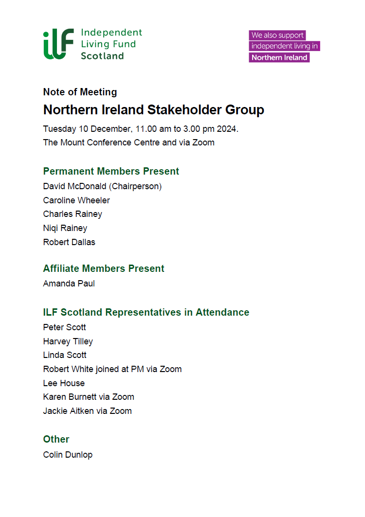 First page of the minutes of the Northern Ireland Advisory Group from December 2024.
