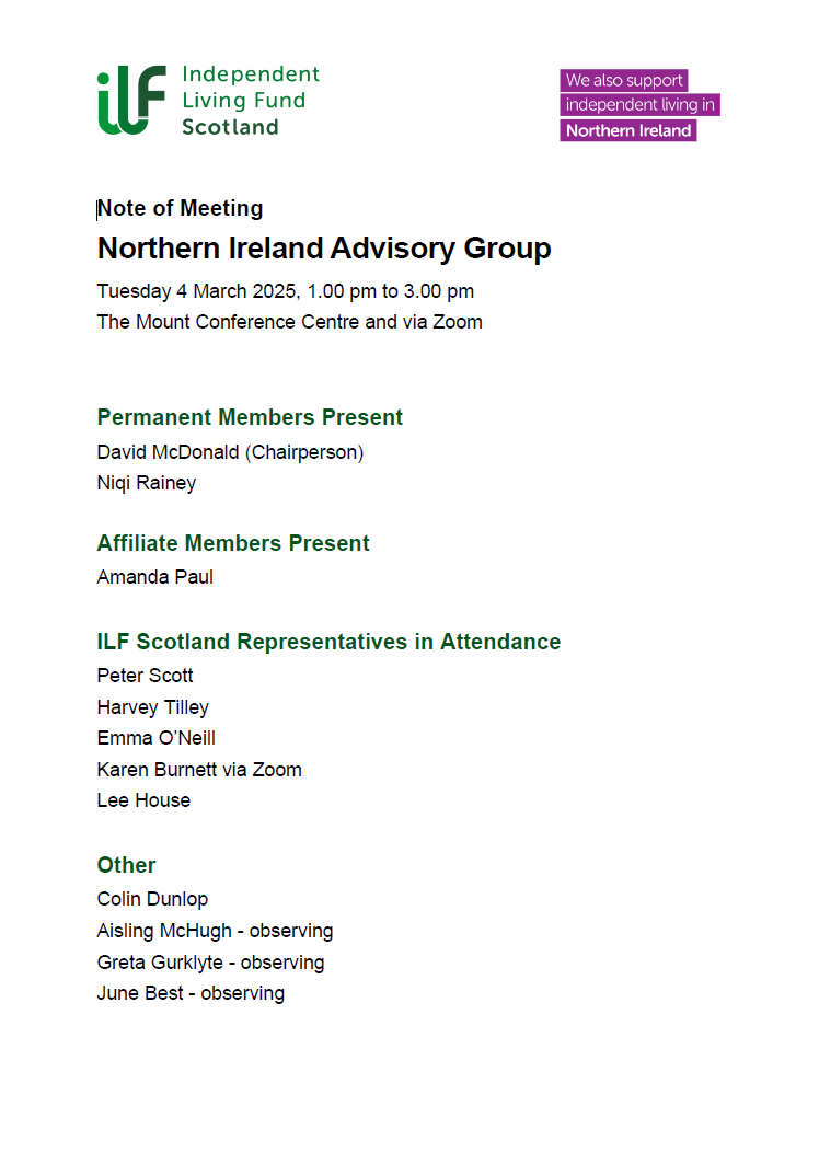 First page of the meeting minutes from the Northern Ireland Advisory Group of March 2025.