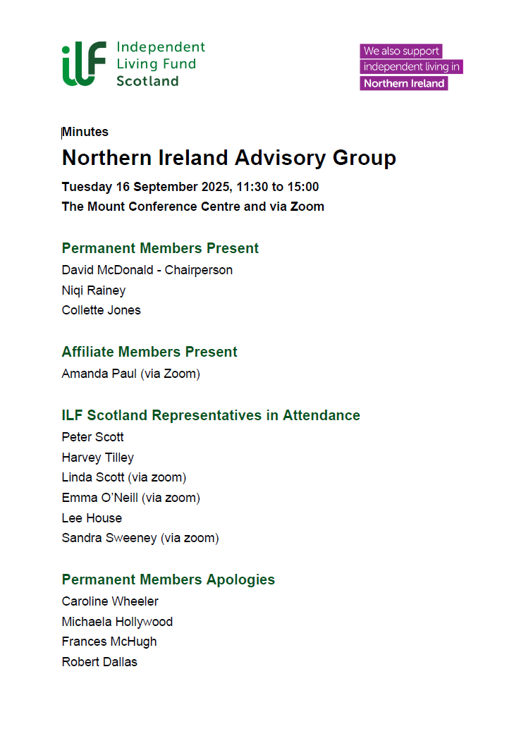 First page of the minutes of the Northern Ireland Advisory Group from September 2025.