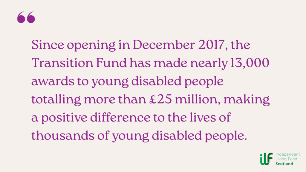 Graphic with text that reads since opening in December 2017, the Transition Fund has made nearly 13,000 awards to young people totalling more than £25 million, making a positive difference to the lives of thousands of young disabled people.