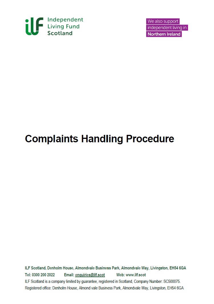 Front page of the Complaints Handling Procedure with the ILF Logos, title and address bar.