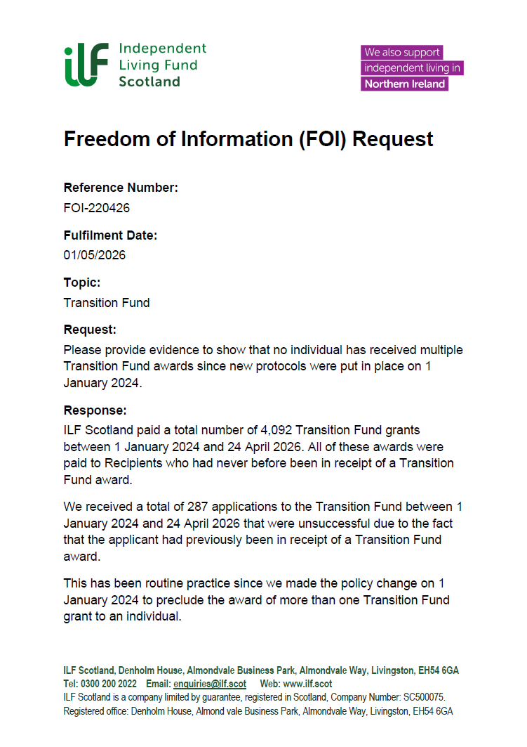 Front Page of the FOI Request number 220426 about the Transition Fund.