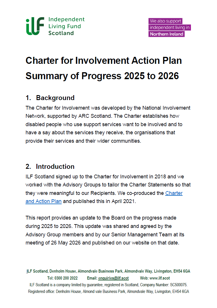 Front page of the Charter for Involvement - Progress Against Action Plan - 2025 to 2026 - v02.0