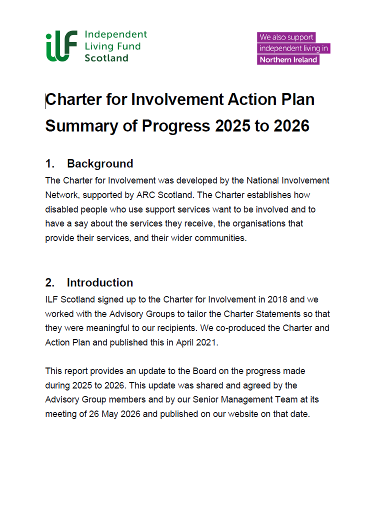 Front page of the Charter for Involvement Progress against Action Plan 2025 to 2026.
