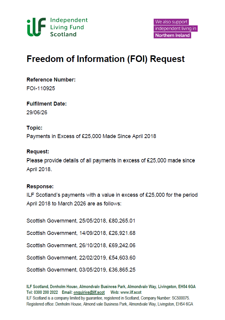 Front page of FOI-110925 - Payments in Excess of £25,000 since April 2018