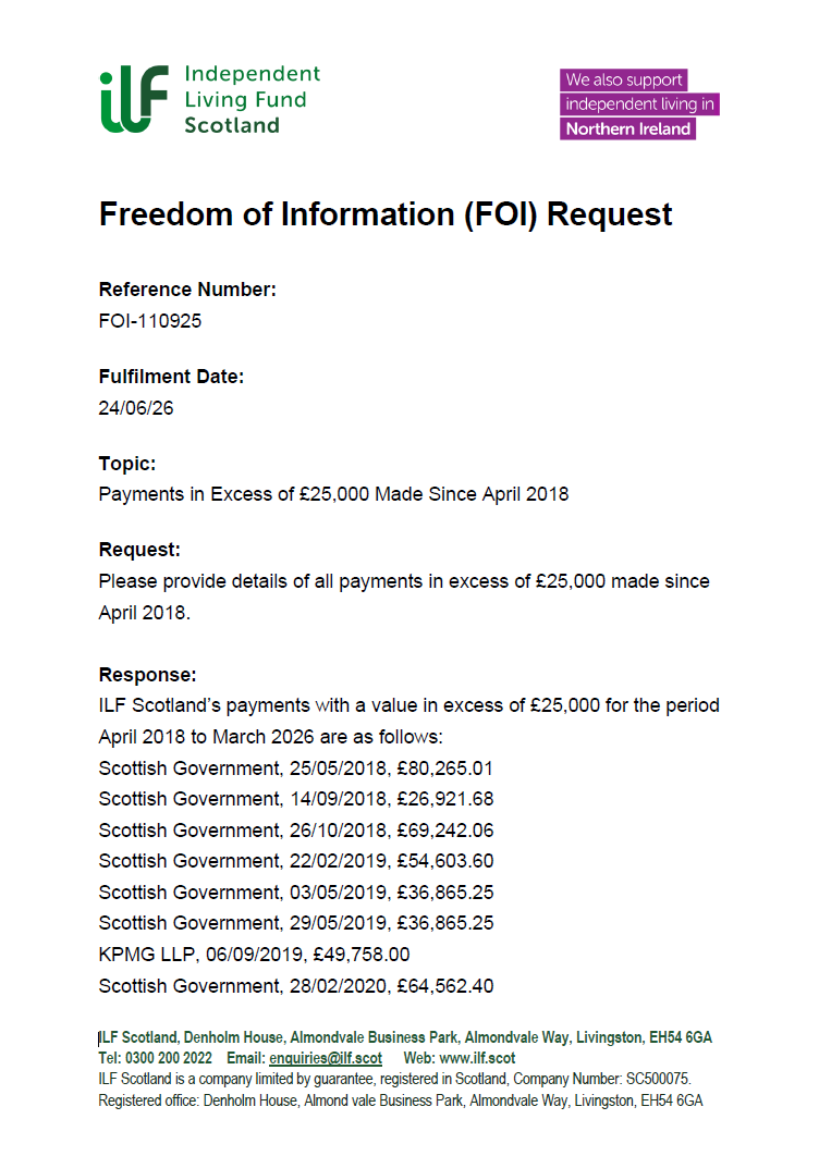 Front page of the FOI-110925 - Payments in Excess of £25,000 since April 2018