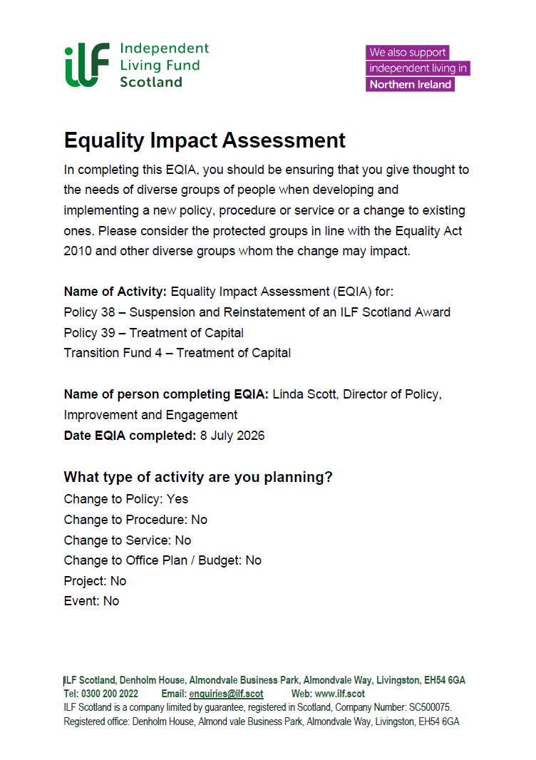 Front Page of EQIA - Removal of Capital Threshold - July 2026