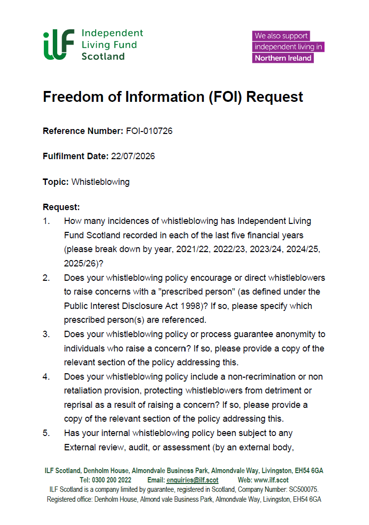 Front Page of FOI-010726 - Whistleblowing - 20260722