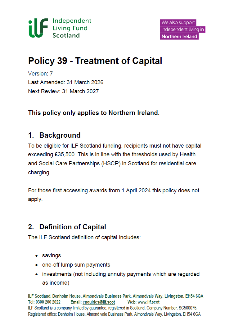 Front Page of Policy 39 - Treatment of Capital - Northern Ireland - v07.0