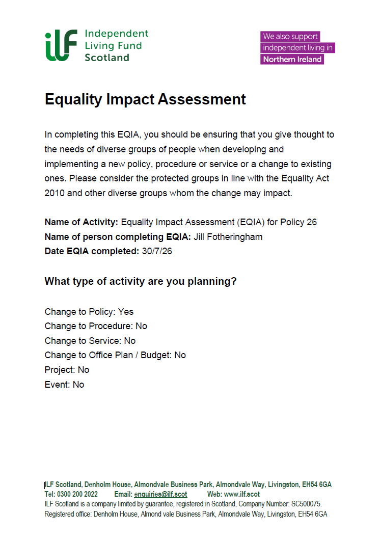 Front Page of EQIA - Policy 26 - Managing an ILF Scotland Award - 20260731