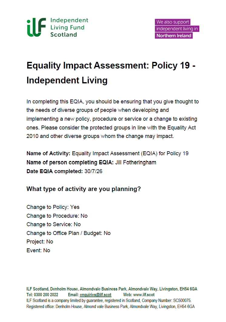 Front page of EQIA - Policy 19 - Independent Living - 20260731