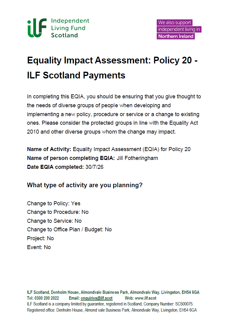 Front page of EQIA - Policy 20 - ILF Scotland Payments - 20260731